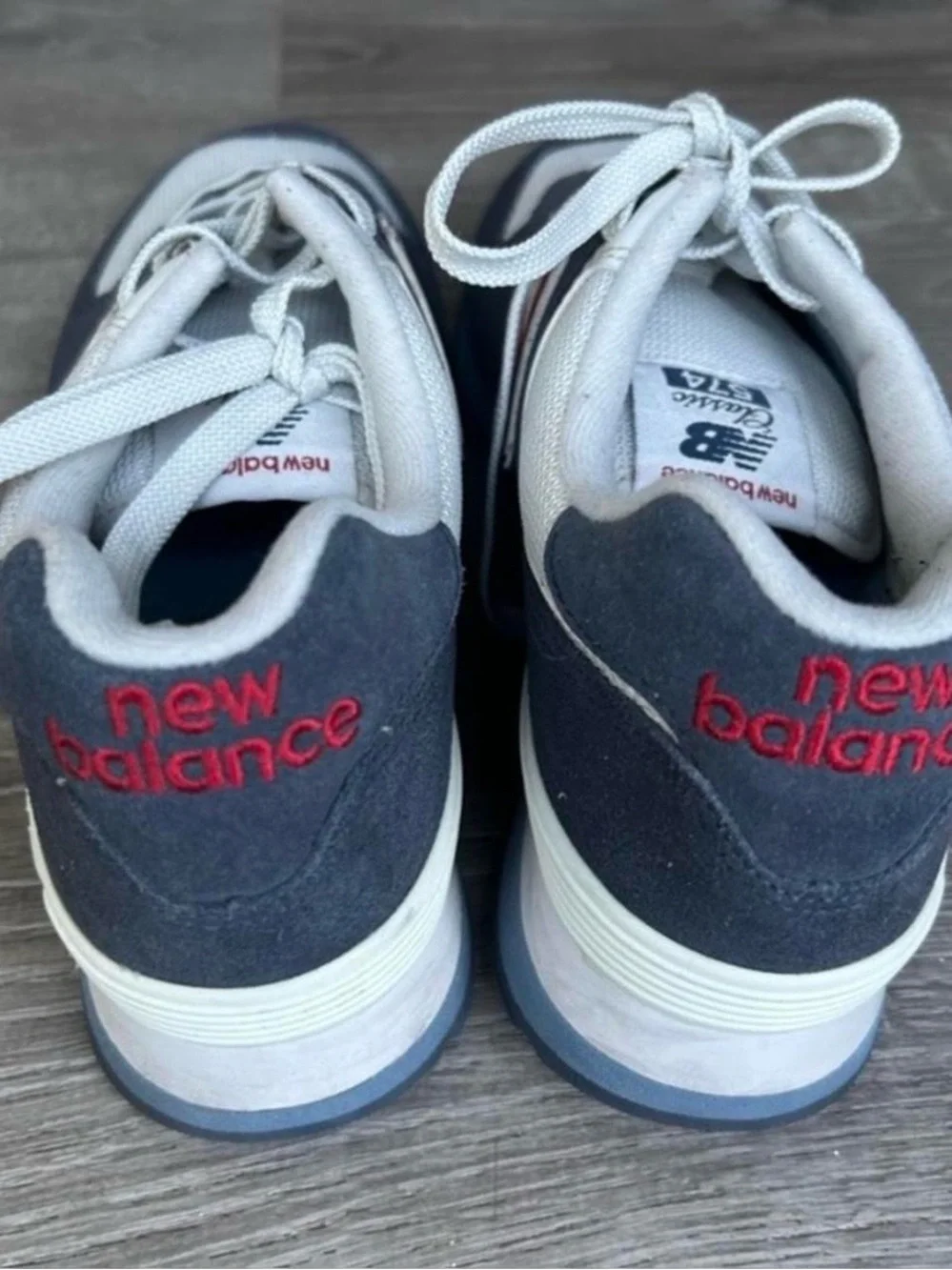 New Balance 574 Men's Gray and Navy Retro Runner with Red Logo
